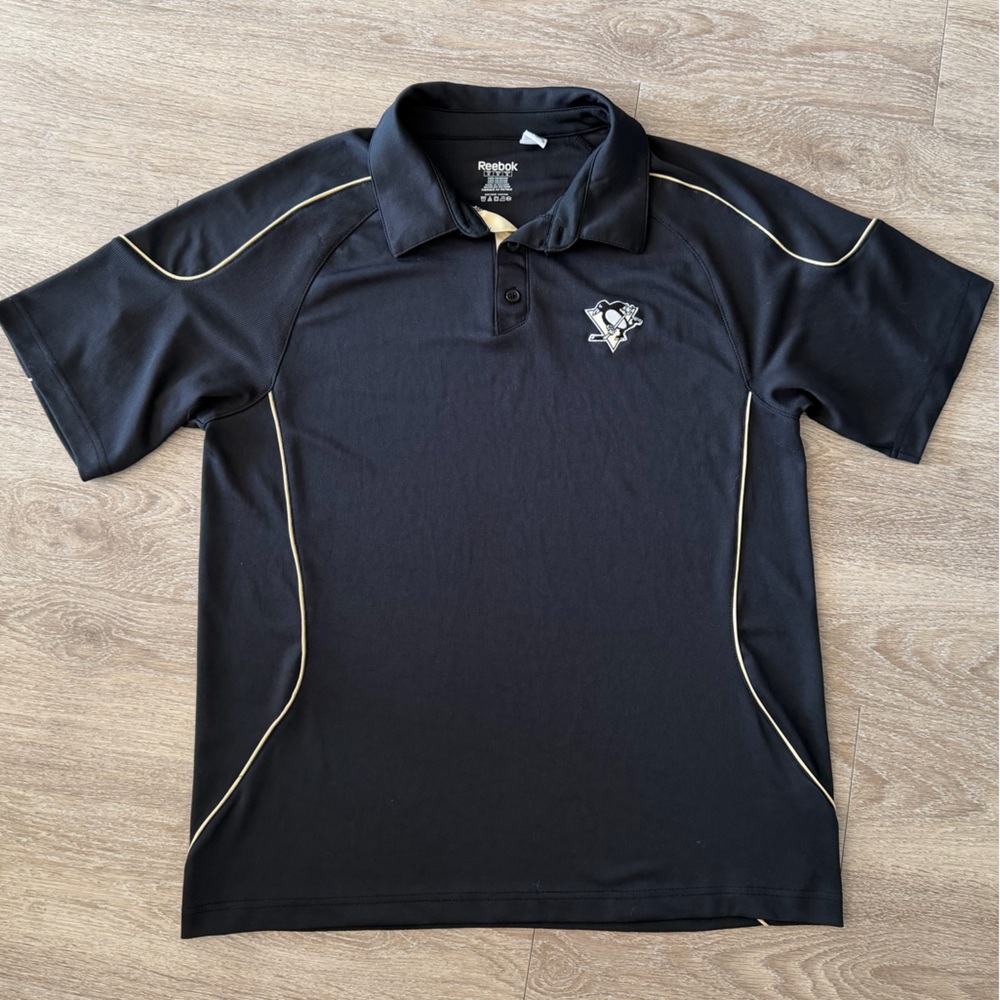Reebok Pittsburgh Penguins NHL Polo Shirt Black Gold Mens Medium Logo - Picture 9 of 10